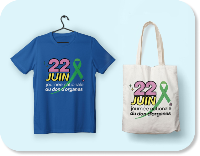 T-shirt bleu et tot bag de la campagne du 22 juin 2024